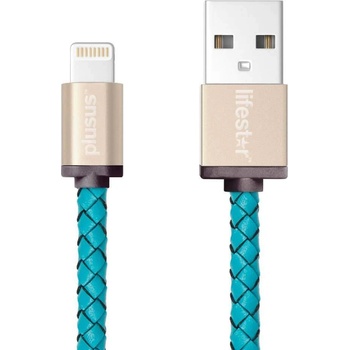 PlusUs LifeStar Handcrafted Lightning Cable - ръчно изработен сертифициран Lightning кабел за iPhone, iPad и iPod (25см. ) (светлосин-златист)