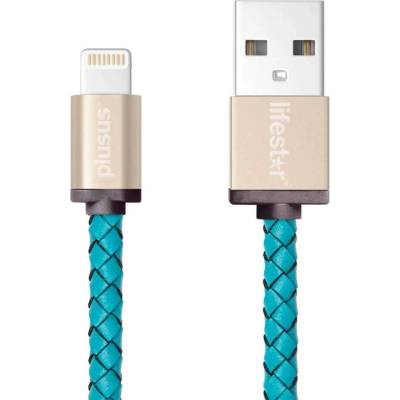 PlusUs LifeStar Handcrafted Lightning Cable - ръчно изработен сертифициран Lightning кабел за iPhone, iPad и iPod (25см. ) (светлосин-златист)