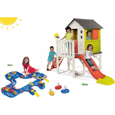 Smoby set domeček na pilířích Pilings House s 1,5 m skluzavkou a vodní dráha AquaPlay Mega LockBox v kufříku s 3 loďkami 810800-27