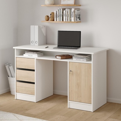 Бюро Function Plus с врата и 3 чекмеджета Бяло и Jackson Hickory