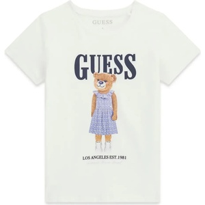 GUESS Бяла тениска за момиче с цветно мече и син надпис Guess