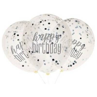 Unique Balónek transparentní 30cm potisk Happy birthday černostříbrné konfety