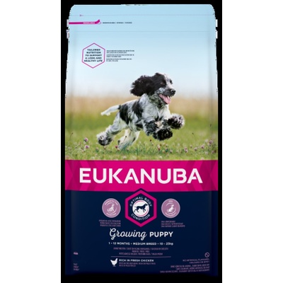 EUKANUBA Puppy Medium - Пълноценна суха храна за подрастващи кучета средни породи с пилешко и пуешко месо, 3 кг