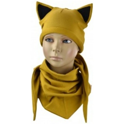 Detský komple tčiapka s uškami a šatkou horčicová