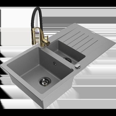 Matias кухненска мивка гранитна 1, 5-коморна с отцедник и кухненски смесител Aster, сив - 6502-71-73450-57-B (6502-71-73450-57-B)
