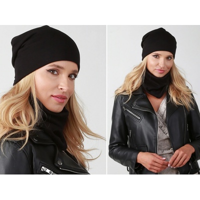 Fashionweek zimní set čepice a šála pletený tunel na fleece ZIZI-B3 Černá