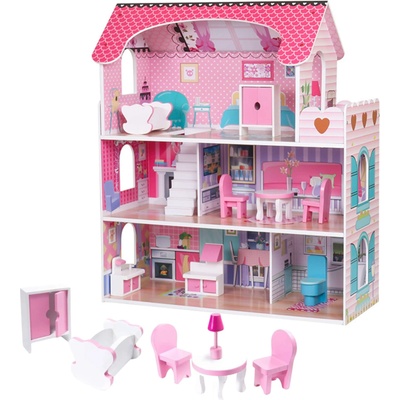 Pepita 3-етажна дървена къща за кукли с модерни аксесоари - розов (W06A380)