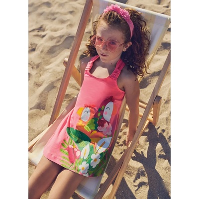 Mayoral Рокля с презрамки с цветя и папагали в розово Майорал