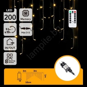 Aigostar - LED външен коледен гирлянд 200xLED/6W/230V/8 функции 3x1m IP44 топла бяла+ДУ (AI2208)