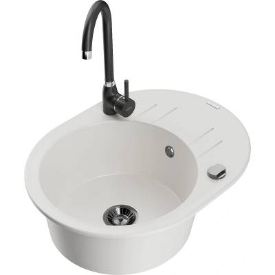 Mexen Kevin гранитна мивка с 1 камера с отцеждач и кухненски кран Telma, бял (6517-20-670200-70)