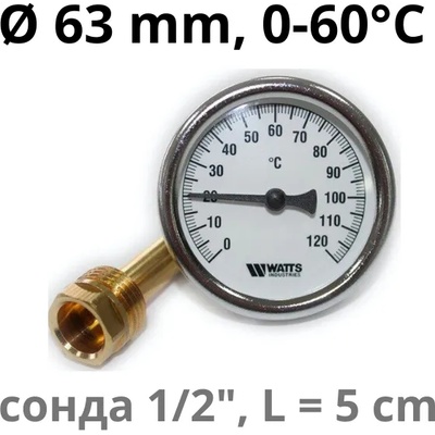 WATTS TB63-50 0-60°C 1/2" Термометър със сонда 50mm (TB63050060)