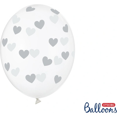 PartyDeco Balónky průhledné s šedými srdíčky 30 cm