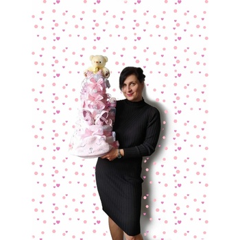BabyDort pětipatrový růžový plenkový dort pro miminko cca 35x35x75 cm.
