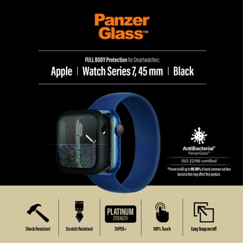 Panzer Стъклен протектор за часовник със силиконова рамка PanzerGlass за Apple watch Series 8 /Series 7, 45mm, AntiBacteria - Черна рамка