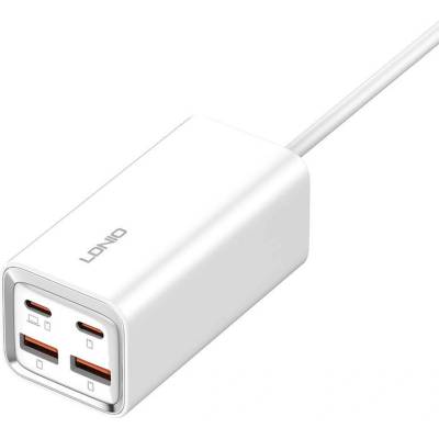 Захранване за ел. мрежа за лаптопи, смартфони и таблети с 2xUSB-A и 2xUSB-C изходи с технология за бързо зареждане и USB-C кабел - LDNIO Fast Desktop Wall Charger 65W (бял) (A4610C)