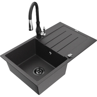 Mexen Bruno мивка от гранит с 1 отделение с дренаж и кухненски смесител Savita, черен на пръски - 6513-76-672601-70-B (6513-76-672601-70-B)