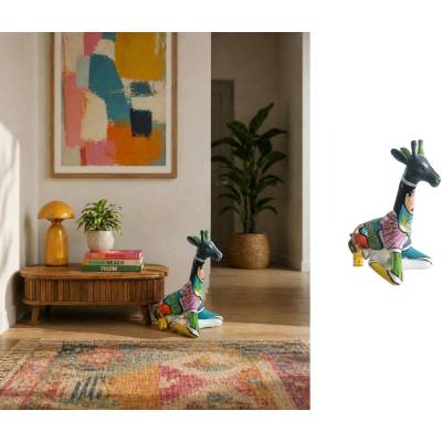 Žirafa umělecká socha – stylový pop art barevný design z polyresinu – 59 cm