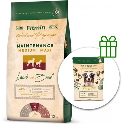 Fitmin Maintenance Medium/Maxi Агне с Говеждо 12 кг + Fitmin Play&Train Агне & Говеждо БЕЗПЛАТНО
