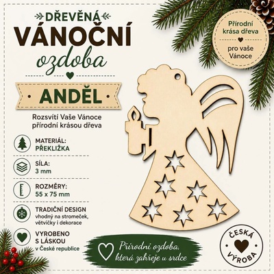 ADVIPO Dřevěná vánoční ozdoba Anděl se svíčkou 55 × 75 mm
