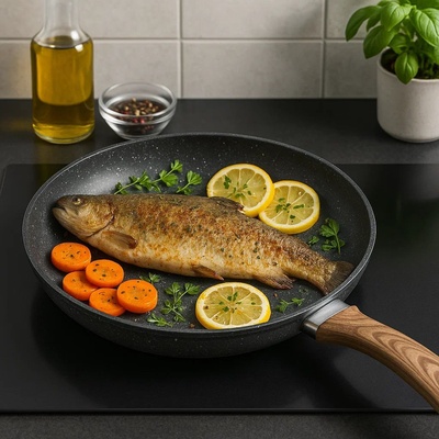 Elekom Дълбок тиган ЕК-287 М, Диаметър: 28 см, Мраморно незалепващо покритие, Индукционно дъно