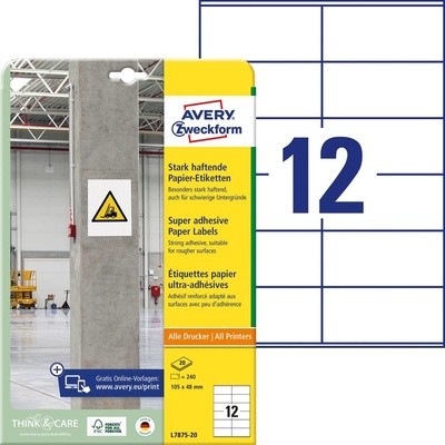 Avery-Zweckform L7875-20 105 x 48 mm papier biela 240 ks trvalé, silné etikety lepiace; L7875-20
