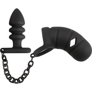 Black Velvets Cock Cage with Butt Plug - superlove