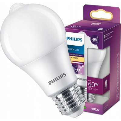 Philips 8718699782733 LED žiarovka 1x8W E27 806lm 2700K teplá biela, so senzorom, matná biela, Eyecomfort
