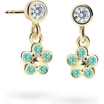 Danfil dětské náušnice kytičky C2744 ze žlutého zlata s kamínky Mint Green zapínání puzeta