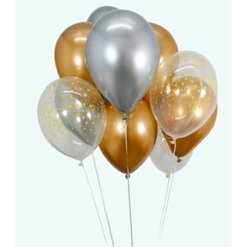 Image 1 of Globos Festival БАЛОНИ 15 БР. 12" - 30 СМ ХРОМ ЗЛАТО/СРЕБРО/ТОЧКИ + ЛЕНТА 15 М