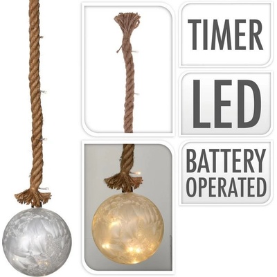 osvětlení KOULE LED pr.15cm skl.BÍ,na laně 95cm s časovačem ABR522120