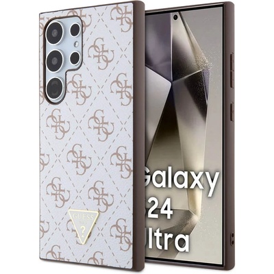 GUESS PU 4G Triangle Metal Logo Case - дизайнерски кожен кейс за Samsung Galaxy S24 Ultra (бял)
