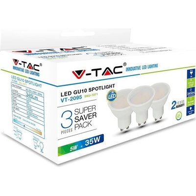 V-TAC GU10 LED žiarovky 3 ks 5W, 320lm, 4000K Denná biela