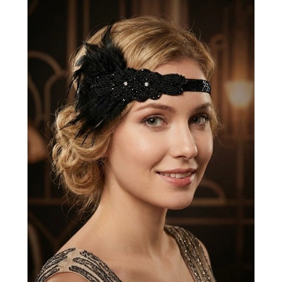 B-TOP Luxusní černá čelenka do vlasů s kamínky a peřím ve vintage stylu – Zboží Mobilmania