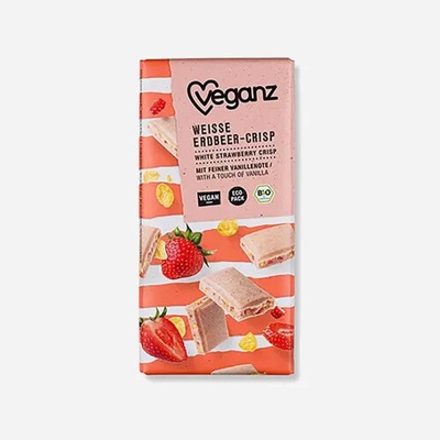 Veganz Biela čokoláda s jahodami a chrumkami, Bio 80 g