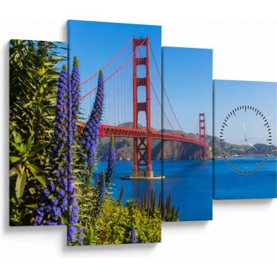 Obraz - Golden Gate Bridge, San Francisco (s hodinami), Čtyřdílný 110x75 cm s hodinami – Hledejceny.cz