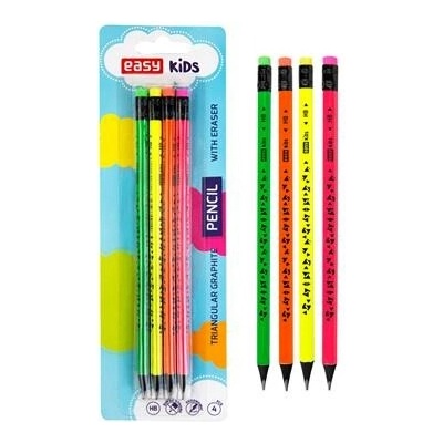 Ceruzky trojhranné EASY Fluo drevené s gumou 4ks