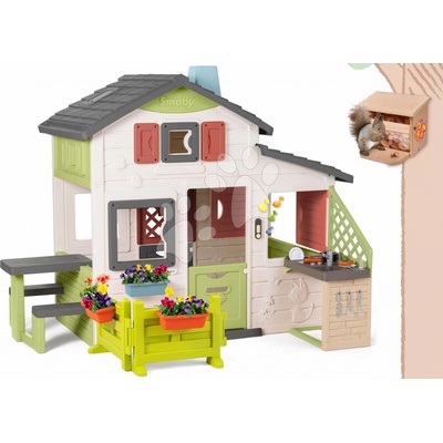 Smoby Set domček Priateľov s predzáhradkou a drevené kŕmidlo Friends House Life pre veveričku a letná kuchynka