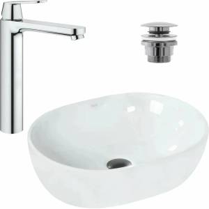 GROHE Комплект мивка за плот Rea Amelia бяла 48 см, Grohe Eurosmart Cosmopolitan XL хромиран смесител за умивалник и хромиран вентил за умивалник Click-Clack (5902557314003+23921000+5902557344925)