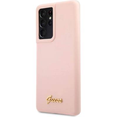 GUESS Silicone Script Metal Logo Silicone Case - дизайнерски силиконов кейс за Samsung Galaxy S21 Ultra (розов)