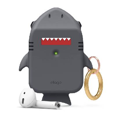 Силиконов калъф с карабинер за Apple Airpods и Apple Airpods 2 - Elago Airpods Shark Design Silicone Case (сив) (EAP-SHARK-DGY)