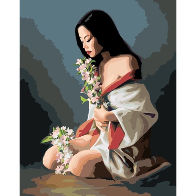 ZUTY Malování podle čísel DÍVKA V ŽUPANKU A BÍLÉ KVĚTINY PIETER WAGEMANS Rozměr 80 x 100 cm Rámování vypnuté plátno na rám