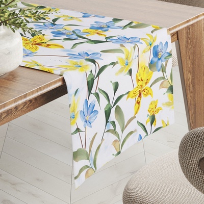 Biante Teflónový behúň TF-081 Žlto-modré ľalie na bielom 35x140 cm
