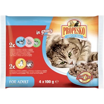 Partner in Pet Food Propesko паучове за котка, хапки месо, 2 бр със сьомга, скариди и морков и 2 бр с пилешко и говеждо - 4 х 100 гр - 72909