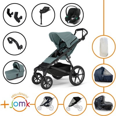 Thule Set 11v1 Urban Glide 4-wheel Mid blue 2024 + madlo + korbička Mid blue + JOMK příslušenství + autosedačka Cybex s ISOFIX základnou a adaptéry Thule