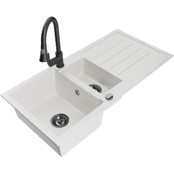 Mexen Andres гранитна мивка 1, 5-камерна с отцедник и кухненски смесител Elia, бял - 6515-20-670101-70 (6515-20-670101-70)