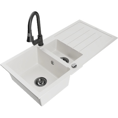 Mexen Andres гранитна мивка 1, 5-камерна с отцедник и кухненски смесител Elia, бял - 6515-20-670101-70 (6515-20-670101-70)