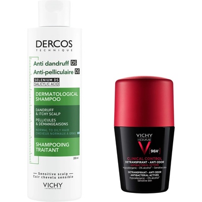 Vichy Dercos & Homme Комплект - Шампоан против пърхот Anti-dandruff DS и Рол-он Clinical Control, 200 + 50 ml