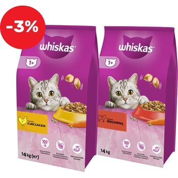 Whiskas Adult 14 кг - суха котешка храна с говеждо месо и зеленчуци + WHISKAS Adult 14 кг с пилешко месо и зеленчуци