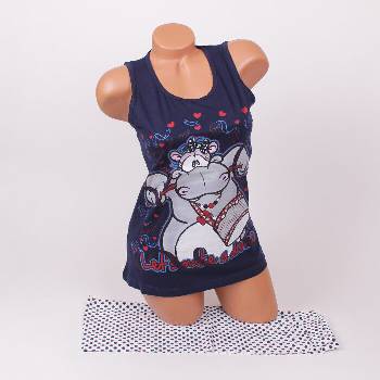 Пижама в тъмносиньо и бяло с точки и картинка на хипопотам