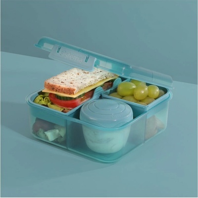 Sistema Dělený svačinový box Ocean Bound Bento Cube s nádobou na jogurt a 2 tácky 1,25 l, mátová